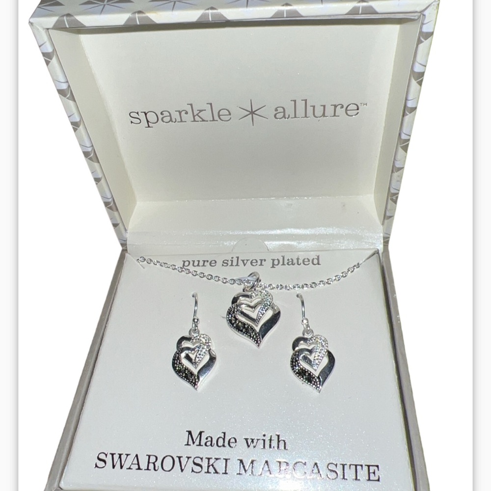 Sparkle Allure silver plated Swarovski Marcasite Open Heart Necklace&Earrings